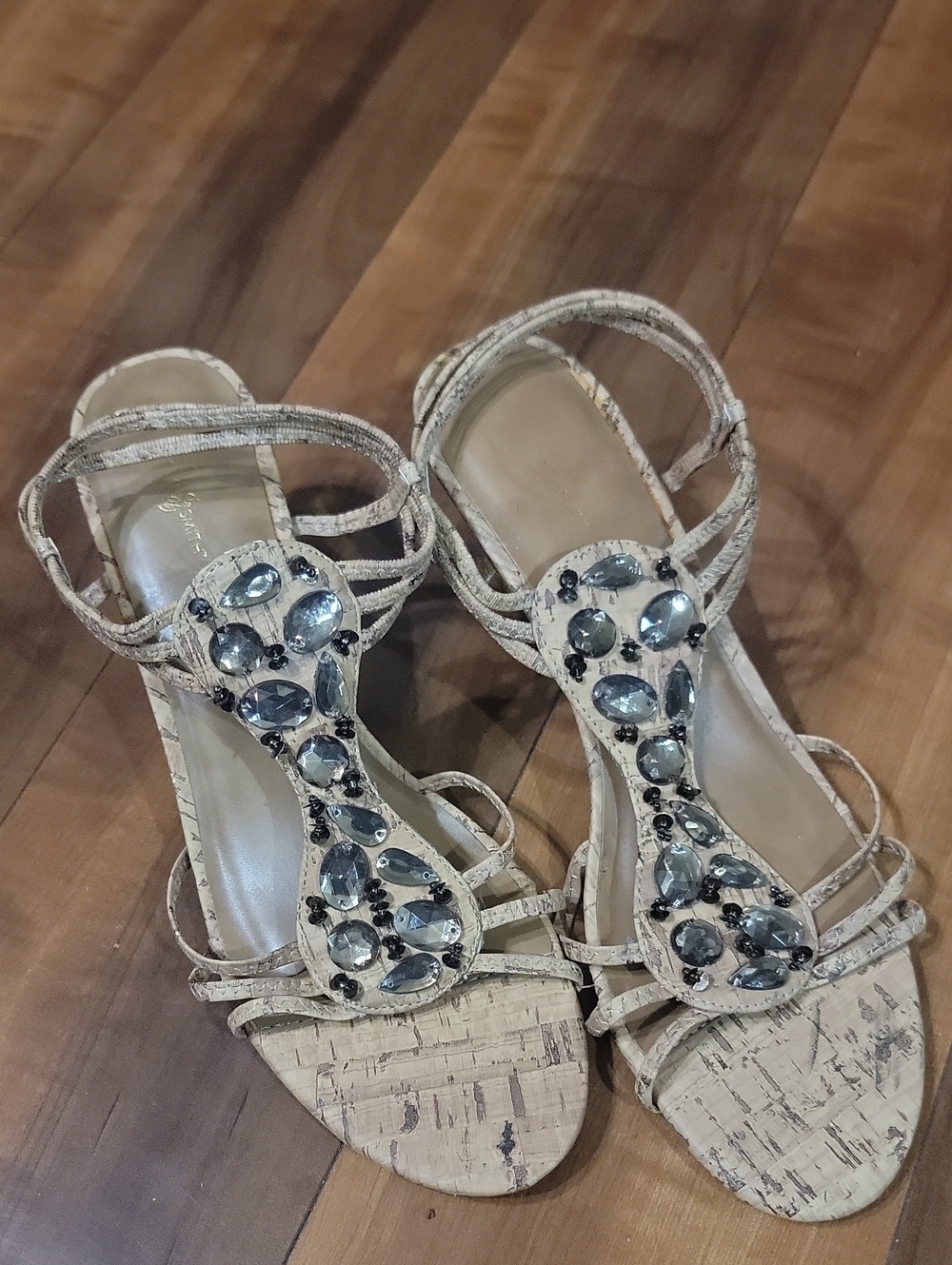 Jaclyn Smith Beige Cork Jeweled Strappy Sandals